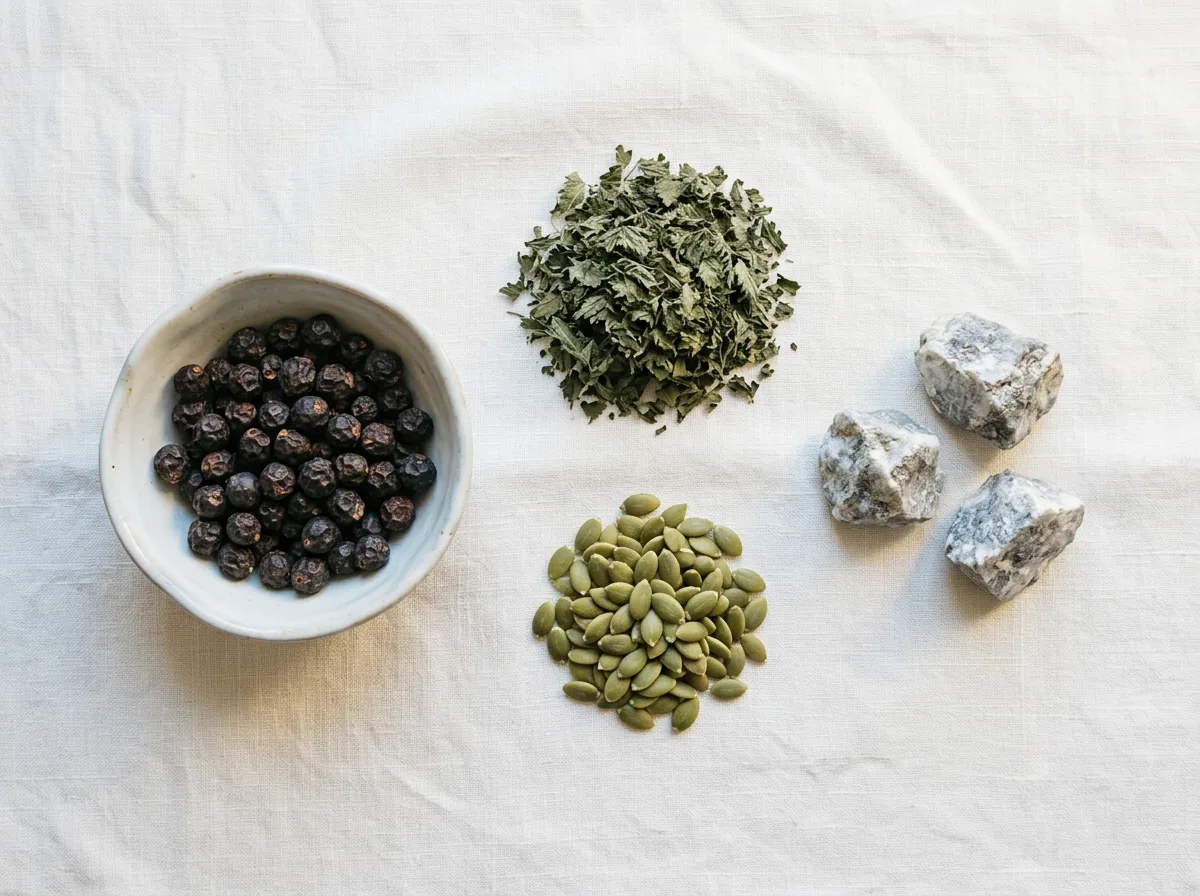 Saw palmetto berries, dried nettle leaves and pumpkin seeds - plant-based ingredients in Alpha Drive