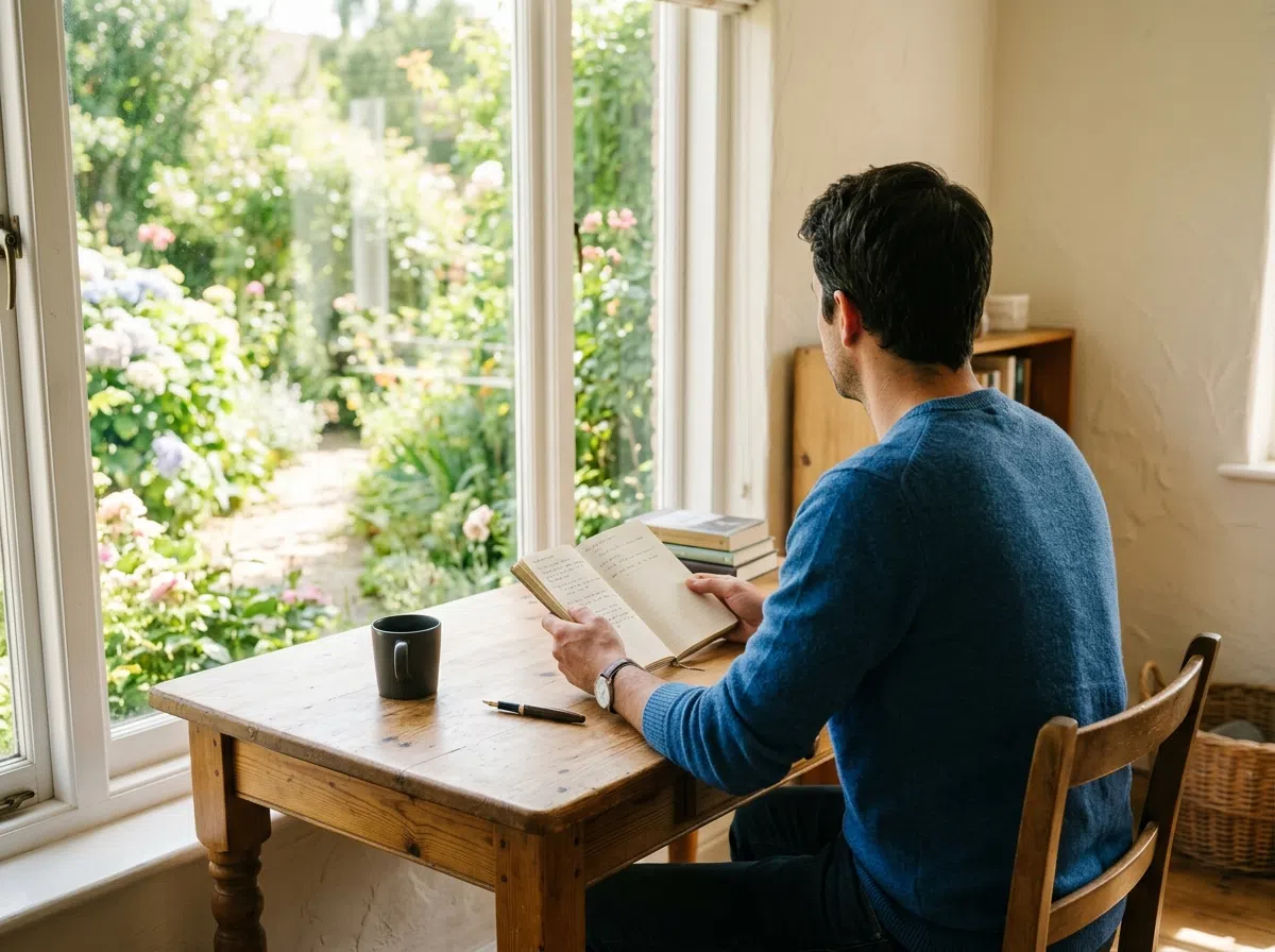 Anonymous man sitting at a wooden desk looking out at a garden - relaxed home lifestyle