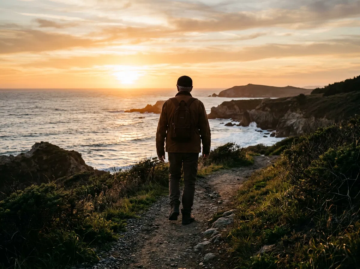 Man walking along a coastal path at golden hour - active lifestyle after 50