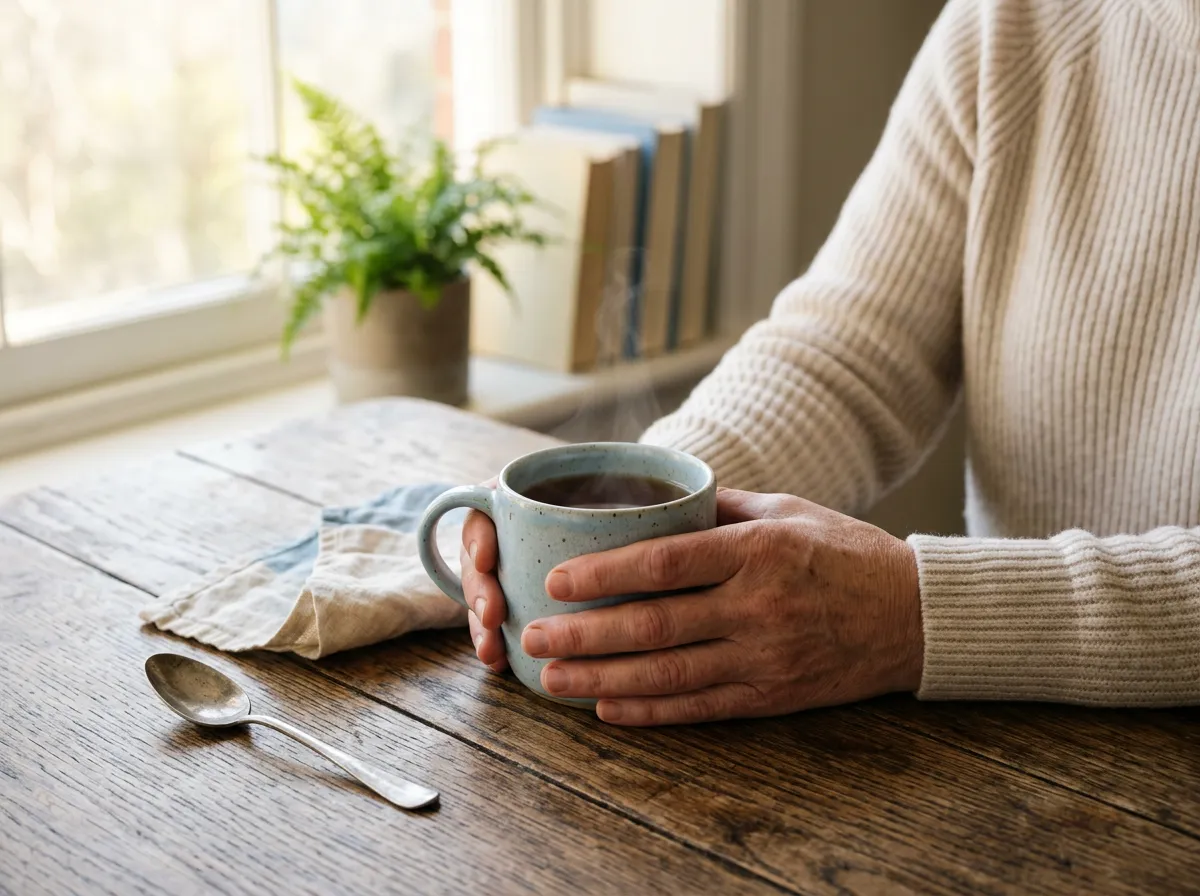Anonymous man's hands resting on a wooden table holding a mug of tea - calm morning at home