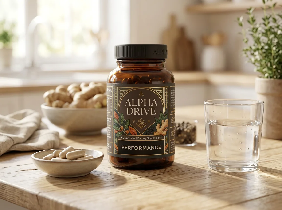 Alpha Drive supplement tub on a wooden surface with saw palmetto berries and a glass of water - plant-based men's wellness capsules UK