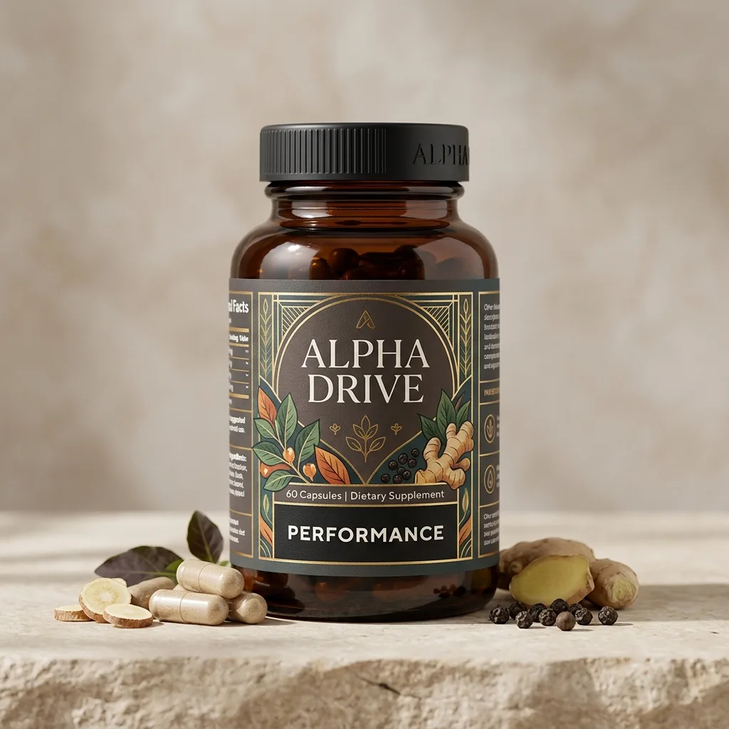 Alpha Drive white supplement tub with navy and red label - prostate wellness food supplement for men